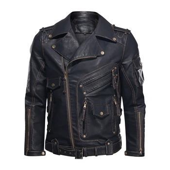 Зимняя кожаная куртка, Мужская модная мотоциклетная крутая куртка-бомбер на молнии с несколькими карманами, Европейский Размер 3XL, Куртки из искусственной кожи