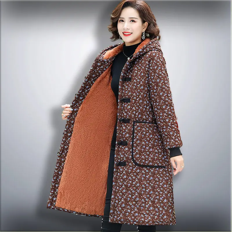 Зимняя одежда для матерей среднего и пожилого возраста, Длинное Плюшевое Пальто, Женская Утепленная Куртка с хлопковой Подкладкой, Парки С капюшоном и цветочным Рисунком T1881 - 0