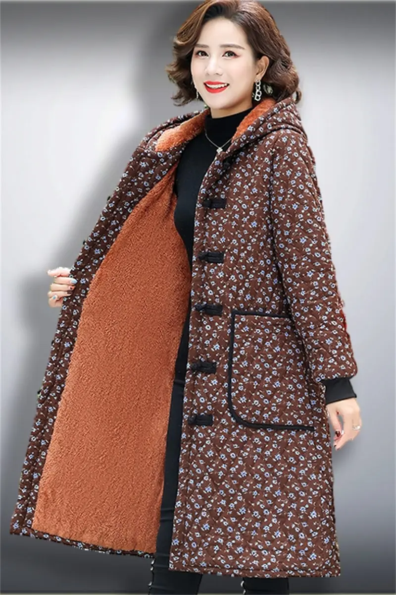 Зимняя одежда для матерей среднего и пожилого возраста, Длинное Плюшевое Пальто, Женская Утепленная Куртка с хлопковой Подкладкой, Парки С капюшоном и цветочным Рисунком T1881 - 5