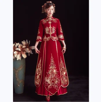 Изысканный китайский традиционный свадебный костюм для пары Чонсам с вышивкой в виде цветка, элегантный свадебный костюм невесты китайская одежда