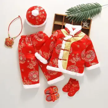 Китайский Традиционный костюм эпохи Тан 2022 года для мальчиков, Детский новогодний наряд Hanfu, Зимняя куртка с принтом дракона, Брюки, Подарок на День рождения в Полнолуние