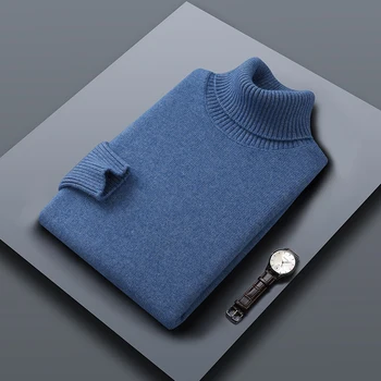 Классический мужской свитер с высоким воротом, Свободный повседневный осенне-зимний вязаный пуловер из 100% чистой шерсти с длинным рукавом, утепленный теплый мужской джемпер
