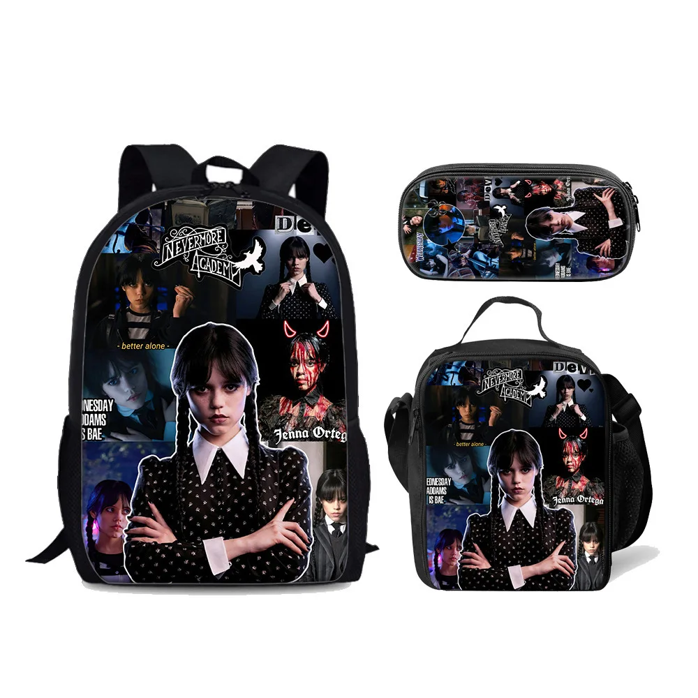 Комплект из трех предметов, Студенческая школьная сумка Wednesday Addams, Сумка Adams Family Wednesday, Детский Рюкзак с Молнией на Плечах - 4