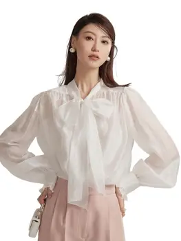 Корейская мода Элегантная рубашка на шнуровке с большим бантом, Удобный мягкий топ из искусственного шелка для офисных женщин, блузка оверсайз