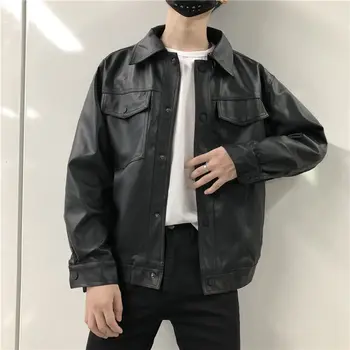 Корейская Черная Кожаная куртка, Мужские Модные Мотоциклетные куртки с отворотом, Мужская Уличная Одежда, Свободная Куртка-бомбер в стиле хип-хоп, Мужская M-2XL