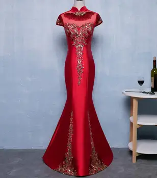 Красное платье с рыбьим хвостом, вышитое Женское свадебное платье Для Новобрачных, Китайский Восточный Чонсам, Бордовый, Сценический, Длинный