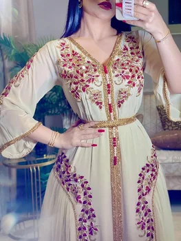 Курта Кафтан Халат Ближневосточная вышивка, Сшитая бриллиантовым вечерним платьем, Шифоновое платье с вышивкой на поясе