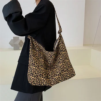 Леопардовые холщовые сумки через плечо, женская модная винтажная сумка на плечо, женская повседневная Универсальная сумка для покупок Большой емкости