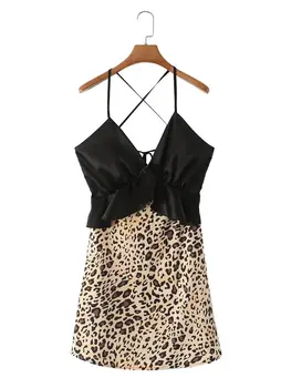 Летнее женское черное мини-платье с леопардовым принтом на бретелях, сексуальный Модный британский стиль