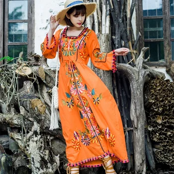 Летнее пляжное платье, Женское Повседневное Вышитое Богемное платье в стиле хиппи, Ретро-Индия, Пакистан, Одежда, Индийское Сари, Этнический длинный халат
