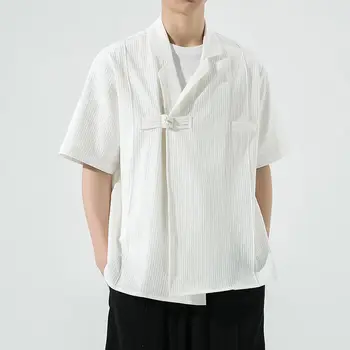 Летний Костюм Тан 2023 в китайском стиле с белой пряжкой и короткими рукавами, Традиционная мужская блузка Тан, Модная повседневная рубашка кунг-фу