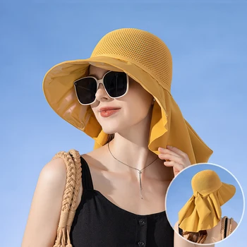 Летняя Женская Широкополая шляпа с шалью, легкая Дышащая сетка, защита для лица и шеи, солнцезащитная шляпа с бантом, высококачественная пляжная кепка для путешествий