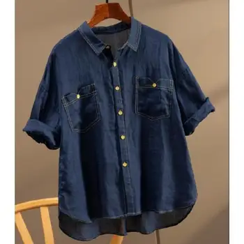 Летняя новинка 2023 года, весенне-летняя рубашка Fat MM с короткими рукавами, Женская Свободная тонкая джинсовая рубашка, уменьшающая возраст, T200