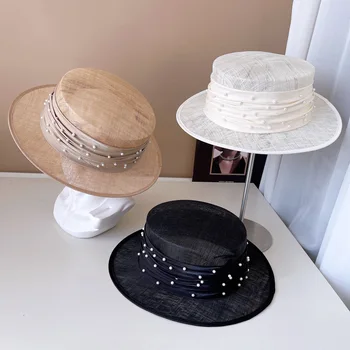 Льняная шляпа с жемчужной лентой, Роскошная французская Шляпа с плоским верхом, Банкетная Шляпа для Пляжного отдыха, Солнцезащитная шляпа, Летняя женская Соломенная шляпа От Солнца