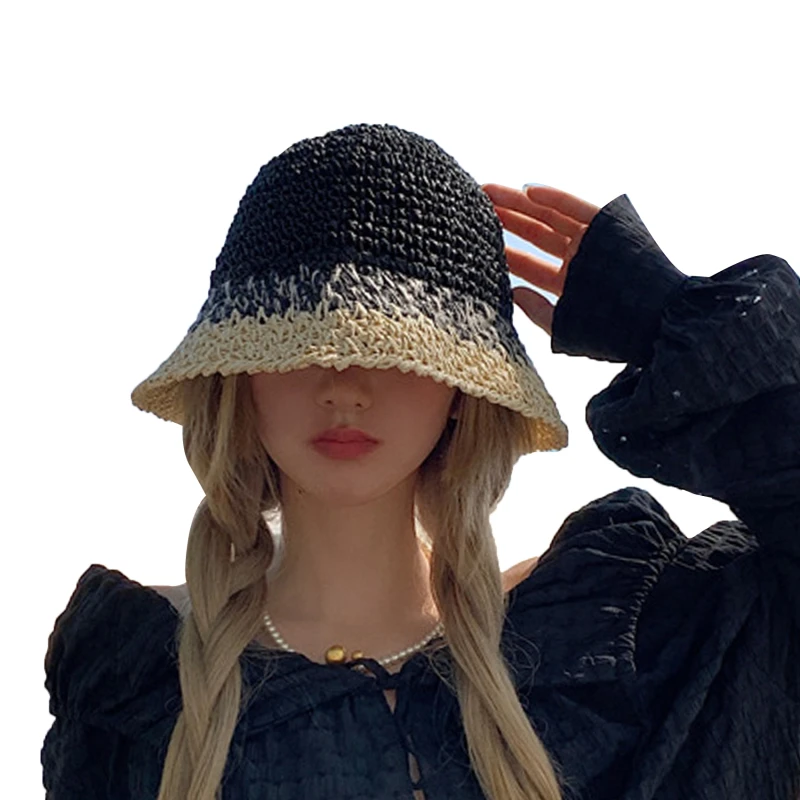 Модная вязаная крючком Шляпа От Солнца, Женская летняя соломенная пляжная шляпа ручной работы, Рыбацкие Кепки, универсальная дышащая шляпа-ведро - 2
