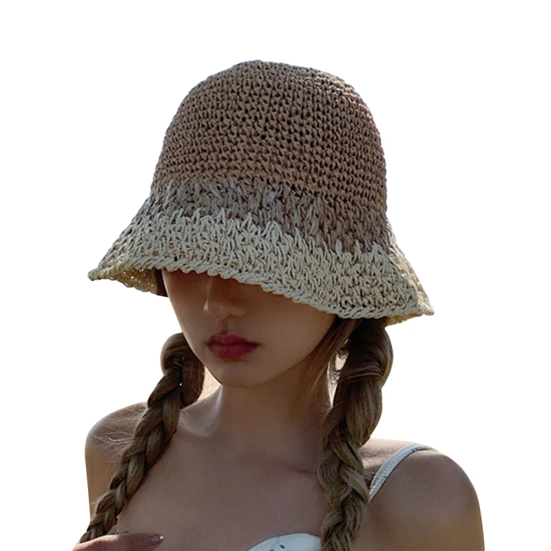 Модная вязаная крючком Шляпа От Солнца, Женская летняя соломенная пляжная шляпа ручной работы, Рыбацкие Кепки, универсальная дышащая шляпа-ведро - 3