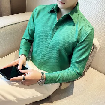 Модная мужская однотонная рубашка с длинным рукавом и большим воротником, весенне-летняя корейская версия, Вафельная тонкая Повседневная рубашка-смокинг