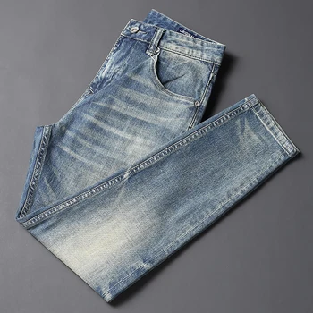 Модные Дизайнерские мужские джинсы Ретро синего Цвета, Высококачественные Эластичные облегающие Рваные джинсы, Мужские Винтажные брюки, Повседневные Джинсовые брюки Hombre