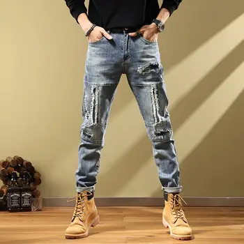 Модные рваные мужские джинсы с вышивкой, красивая индивидуальность, сломанный металлолом, Маленькие ножки, Винтажный Старый стиль, Новые осенние брюки