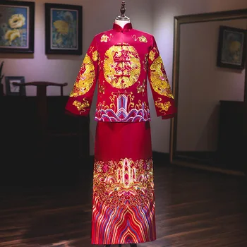 Мужской костюм для тостов с вышивкой Красного Дракона Чонсам в традиционном китайском стиле, свадебный костюм Ципао Тан