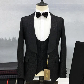 Мужской Черный Элегантный костюм Джентльмена, Модный Новый Изготовленный на заказ Платок с лацканами, из трех предметов, Свадебная официальная вечеринка, приталенное пальто, Жилет, Брюки