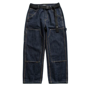 Нашивка на колене в японском стиле, Свободные прямые брюки, мужские широкие брюки для скейтбординга в стиле BF, темно-синие джинсы, мужской ретро стиль