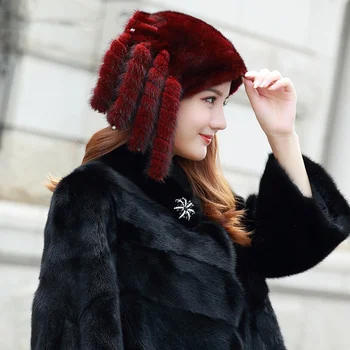 Новая стильная декоративная меховая шапка с маленьким хвостом, зимняя женская роскошная норковая шапка, теплая защита ушей, высококачественная меховая шапка