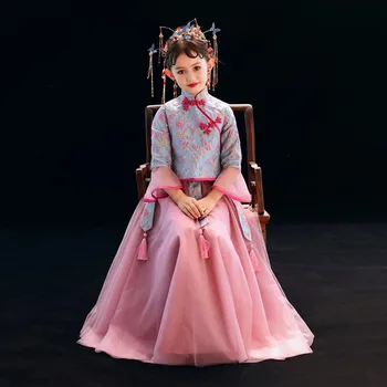 Новинка, платье для выступлений в стиле Чонсам с расклешенными рукавами для девочек, Китайское платье с воротником-стойкой, Детское праздничное платье, Детский костюм из двух предметов