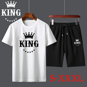 Новые летние мужские футболки с принтом King, хлопковая футболка с коротким рукавом, Короткий комплект из 2 предметов, спортивные костюмы, спортивный костюм для бега 6 цветов