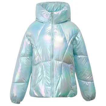 Новый Стиль, Зимние Толстые куртки с капюшоном для девочек, Высококачественные Свободные, Шикарный Дизайн, Лазерная Теплая Уникальная Верхняя одежда с хлопковой подкладкой