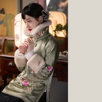 Оригинальная зимняя куртка с большим воротником в виде Слитка, Вышитая Республика Китай, Китайский хлопковый Женский костюм Тан, Стеганая куртка, Топы