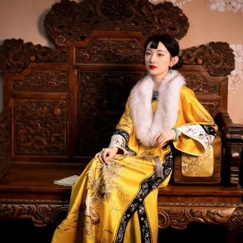 Осенняя тяжелая промышленность Желтый бамбуковый журавль с принтом Чонсам с длинными рукавами Традиционная китайская одежда для женщин Qipao Dress Modern