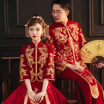 Официальное традиционное китайское свадебное платье Ципао, пара Чонсам, Одежда невесты с драконом и Фениксом, костюм для тостов Тан, Hanfu