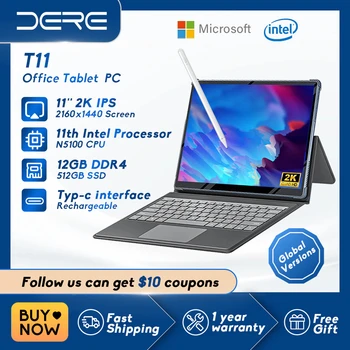 Планшетный ноутбук DERE T11 с 11-дюймовым сенсорным экраном 2K IPS Intel Celeron N5100 12 ГБ оперативной памяти 512 ГБ SSD Офисный Обучающий ноутбук Windows 11