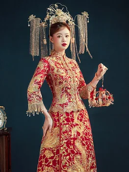 Платье Невесты Xiuhe, Новое свадебное платье в китайском стиле со стразами, Приталенное платье с драконом и Фениксом, Костюм Xiuhe, Женское свадебное платье