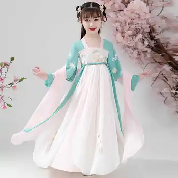 Платье феи Hanfu для девочек, детское платье Феи в китайском стиле с длинным рукавом для девочки 12 лет, Старинный костюм Феи, летнее платье