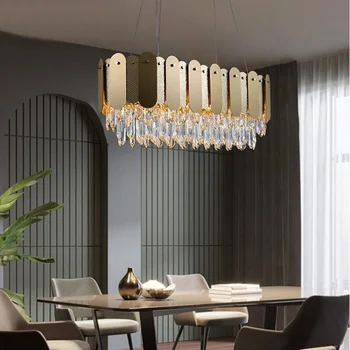 Подвесные светильники, хрустальная люстра со светодиодным блеском, прямоугольная гостиная из нержавеющей стали, роскошный декоративный хрусталь