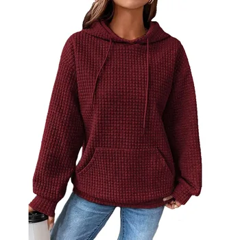 Пуловер с капюшоном 2023, Осенне-зимний Свободный свитер с длинным рукавом, Женская толстовка с капюшоном на завязках с заниженным плечом и карманом-кенгуру