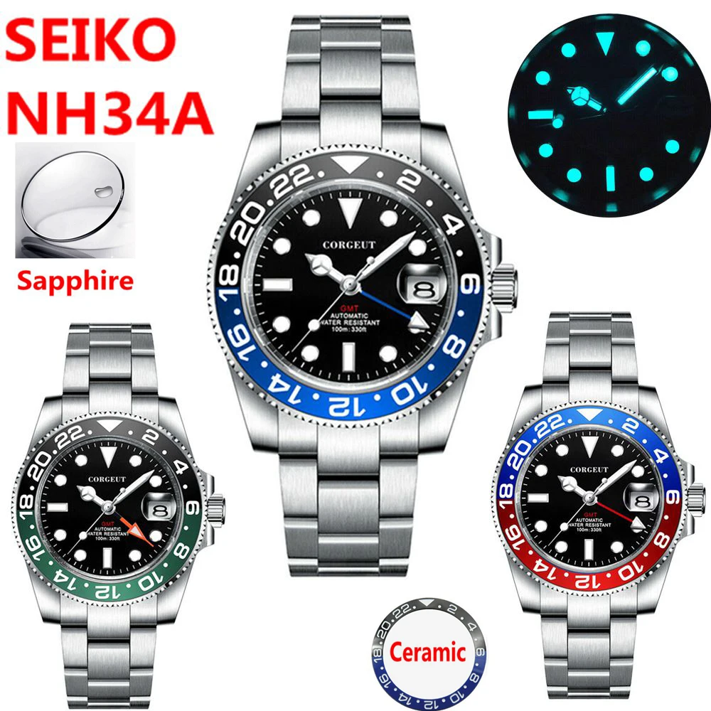 Роскошные механические часы GMT NH34 для керамического дня, сапфировое стекло, 10 баров, автоматические наручные часы, мужские часы relogio masculino - 0