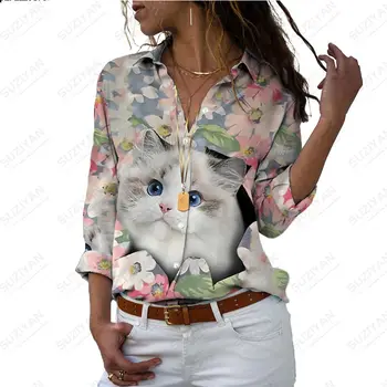 Рубашка с Милым Принтом Кошки и Бабочки, Кардиган-поло на Пуговицах, Гавайская Повседневная Рубашка, Женская Свободная Рубашка С Длинным Рукавом Плюс Размер, Свободная Повседневная Рубашка