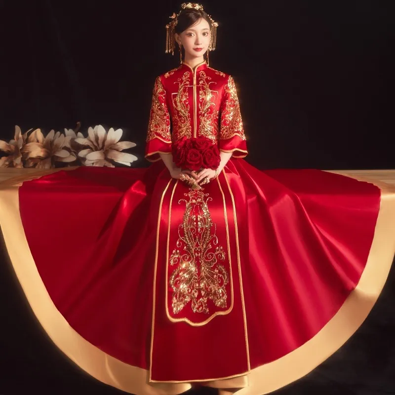 Свадебное платье Невесты в китайском стиле 9XL Размера Оверсайз, Изысканная вышивка блестками, Свадебный костюм Чонсам, Восточный Винтажный Ципао - 0