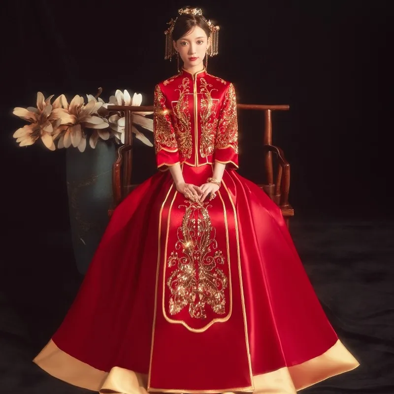 Свадебное платье Невесты в китайском стиле 9XL Размера Оверсайз, Изысканная вышивка блестками, Свадебный костюм Чонсам, Восточный Винтажный Ципао - 1