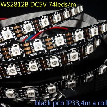 светодиодная пиксельная лента WS2812B с адресом 4 м 74 светодиодов/м постоянного тока 5 В, не водонепроницаемая, 74 шт. WS2812B/M с 74 пикселями; черная печатная плата