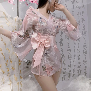 Сексуальное Кимоно с вышивкой Сакуры, Японская одежда, Соблазнительный Розовый Синий Классический Прозрачный Халат, Пояс для халата 