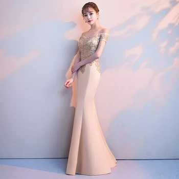 сексуальное Платье с открытыми плечами, вечернее платье в китайском стиле С аппликациями, Улучшенное Платье Чонсам с рыбьим хвостом, Платья полной длины, Размер XS-3XL
