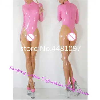 Сексуальный женский Прозрачный и розовый резиновый латексный комбинезон с Носками, Латексный боди на молнии сзади, Zentai Bodysuit на заказ