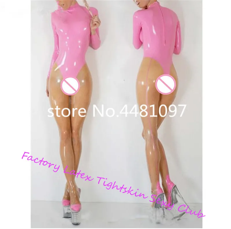 Сексуальный женский Прозрачный и розовый резиновый латексный комбинезон с Носками, Латексный боди на молнии сзади, Zentai Bodysuit на заказ - 0