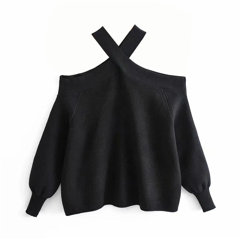 Стильный свитер без бретелек с эластичным дизайном и длинным рукавом, шикарные женские трикотажные топы - 2