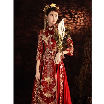 Традиционное китайское Свадебное платье с вышивкой Высокого качества, Красная Плиссированная одежда Xiuhe, ретро Изысканная Стильная одежда Marry Cheongsam