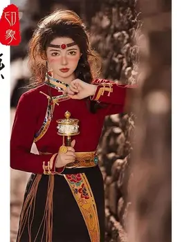 Традиционное тибетское платье, юбка с запахом, Винтажный традиционный китайский костюм для женщин, одежда для туризма, фотографии